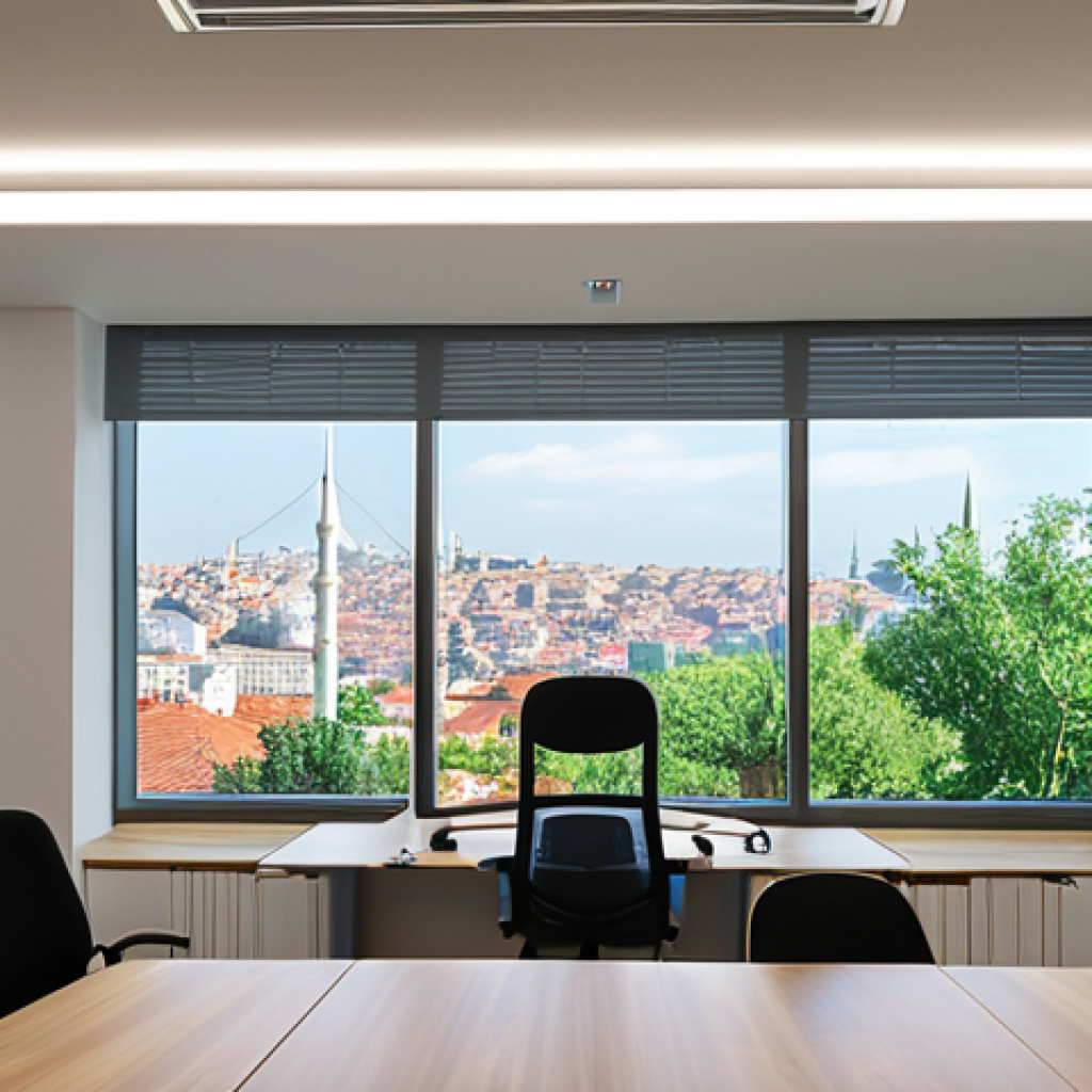 Modern Office with Smart Lighting**

Prompt: "A bright, modern office interior in Istanbul. Sunlight streams through large windows. AI-controlled LED lights automatically dim near the windows, showcasing energy efficiency. Occupancy sensors detect only a few people in the meeting room, and the lights are adjusted accordingly. Sleek, minimalist design with Turkish artwork on the walls. Focus on energy saving and technology."

**