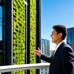 A professional architect, fully clothed in modest business attire, stands in a bustling, clean city environment, admiring a modern, multi-story building. The building's facade features integrated vertical gardens cascading down its sides and a lush green roof, designed for air purification. Sections of the exterior are coated with a subtle, modern photocatalytic material, giving it a clean, sophisticated look. The architect has perfect anatomy, correct proportions, well-formed hands, proper finger count, and a natural pose. Bright daylight, clear sky. Professional architectural photography, high detail, realistic, sharp focus, safe for work, appropriate content, fully clothed, family-friendly.