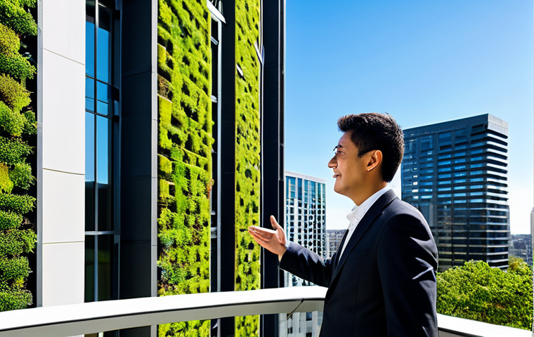 A professional architect, fully clothed in modest business attire, stands in a bustling, clean city environment, admiring a modern, multi-story building. The building's facade features integrated vertical gardens cascading down its sides and a lush green roof, designed for air purification. Sections of the exterior are coated with a subtle, modern photocatalytic material, giving it a clean, sophisticated look. The architect has perfect anatomy, correct proportions, well-formed hands, proper finger count, and a natural pose. Bright daylight, clear sky. Professional architectural photography, high detail, realistic, sharp focus, safe for work, appropriate content, fully clothed, family-friendly.